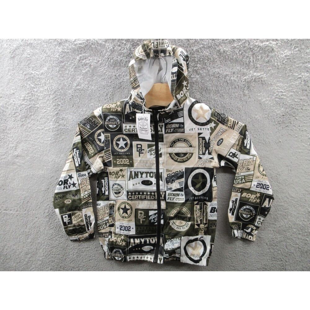 NWT BORN FLY Boys Kids Sz 10-12 Polyester Full Zip Hooded Windbreaker AOP Jacket